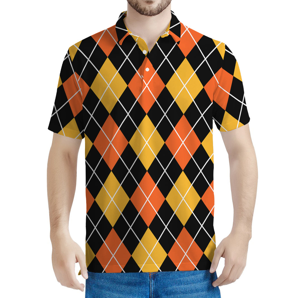 Halloween Black And Orange Argyle Print Men's Polo Shirt