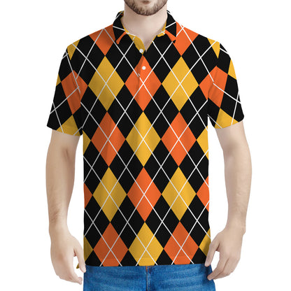 Halloween Black And Orange Argyle Print Men's Polo Shirt