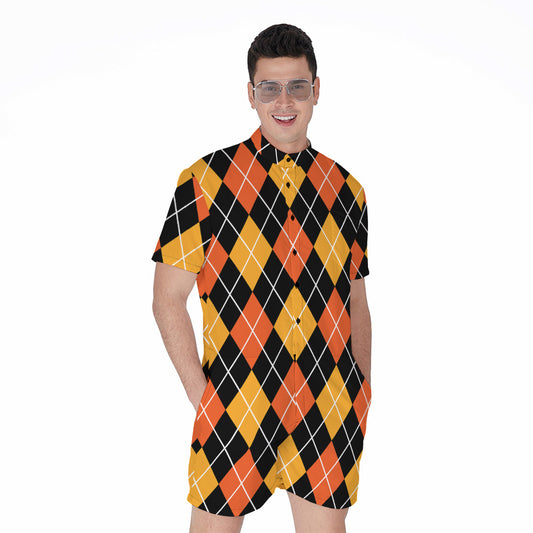 Halloween Black And Orange Argyle Print Men's Rompers