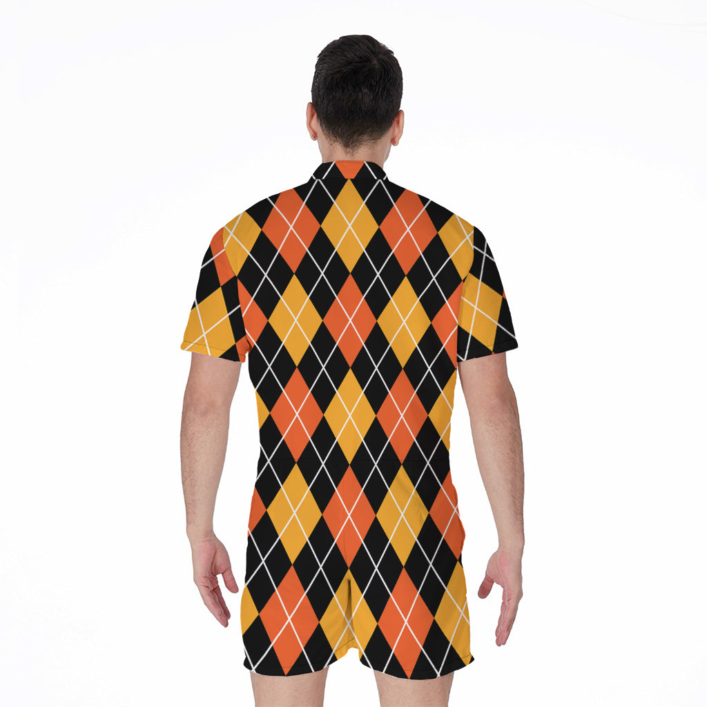 Halloween Black And Orange Argyle Print Men's Rompers