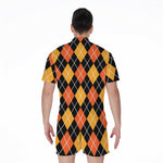 Halloween Black And Orange Argyle Print Men's Rompers