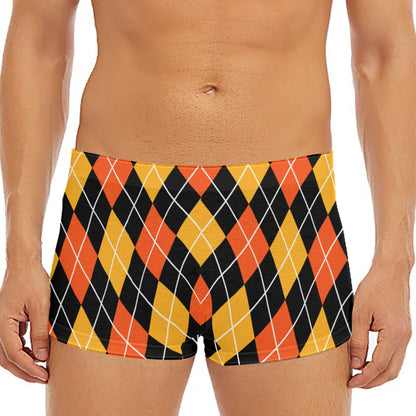 Halloween Black And Orange Argyle Print Men's Short Boxer Briefs