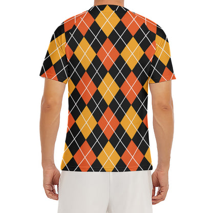Halloween Black And Orange Argyle Print Men's Short Sleeve Rash Guard