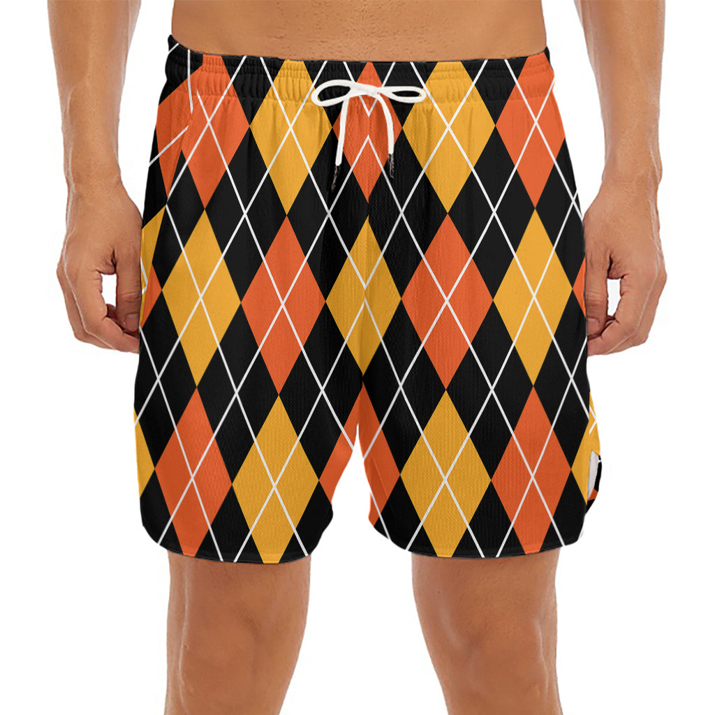 Halloween Black And Orange Argyle Print Men's Split Running Shorts