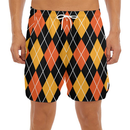 Halloween Black And Orange Argyle Print Men's Split Running Shorts