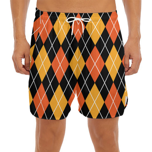 Halloween Black And Orange Argyle Print Men's Split Running Shorts