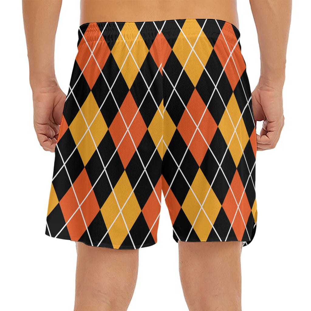 Halloween Black And Orange Argyle Print Men's Split Running Shorts
