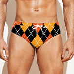 Halloween Black And Orange Argyle Print Men's Swim Briefs