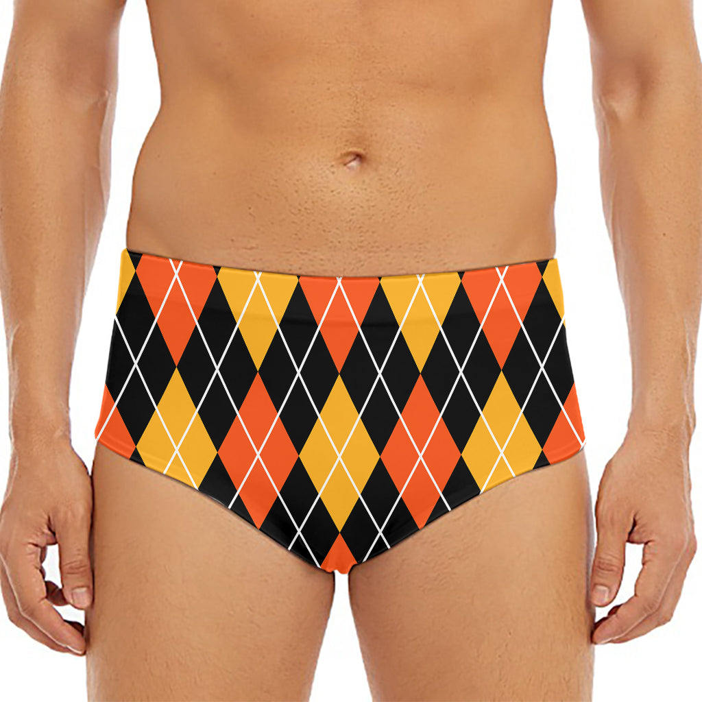 Halloween Black And Orange Argyle Print Men's Triangle Swim Briefs