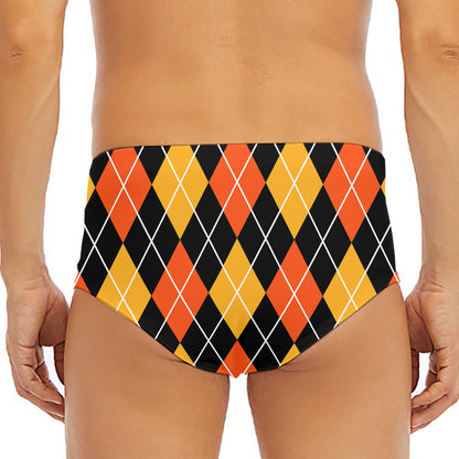 Halloween Black And Orange Argyle Print Men's Triangle Swim Briefs