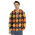 Halloween Black And Orange Argyle Print Men's Velvet Pullover Hoodie