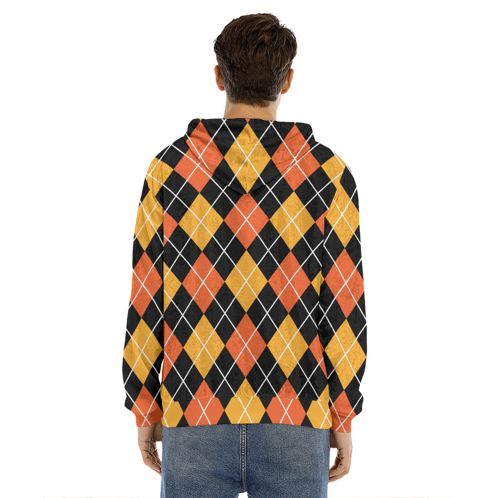 Halloween Black And Orange Argyle Print Men's Velvet Pullover Hoodie