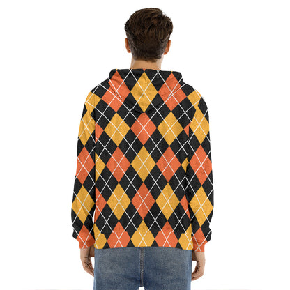 Halloween Black And Orange Argyle Print Men's Velvet Pullover Hoodie