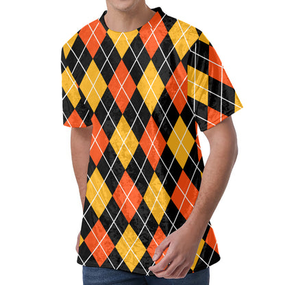 Halloween Black And Orange Argyle Print Men's Velvet T-Shirt