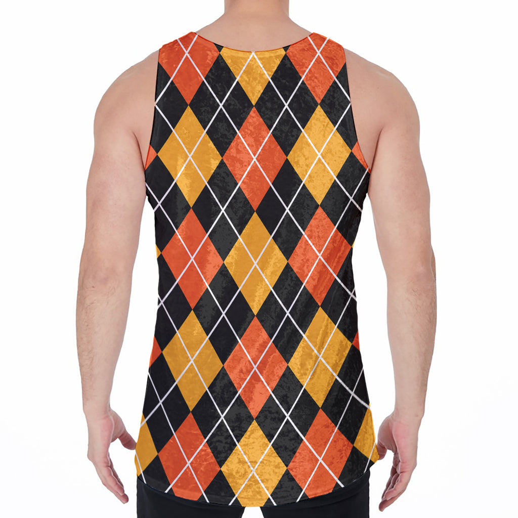 Halloween Black And Orange Argyle Print Men's Velvet Tank Top