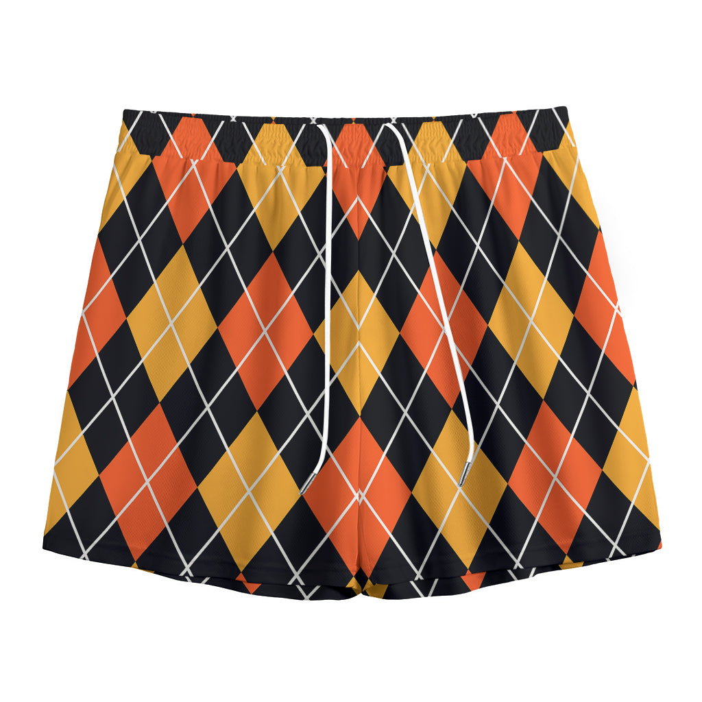 Halloween Black And Orange Argyle Print Mesh Shorts