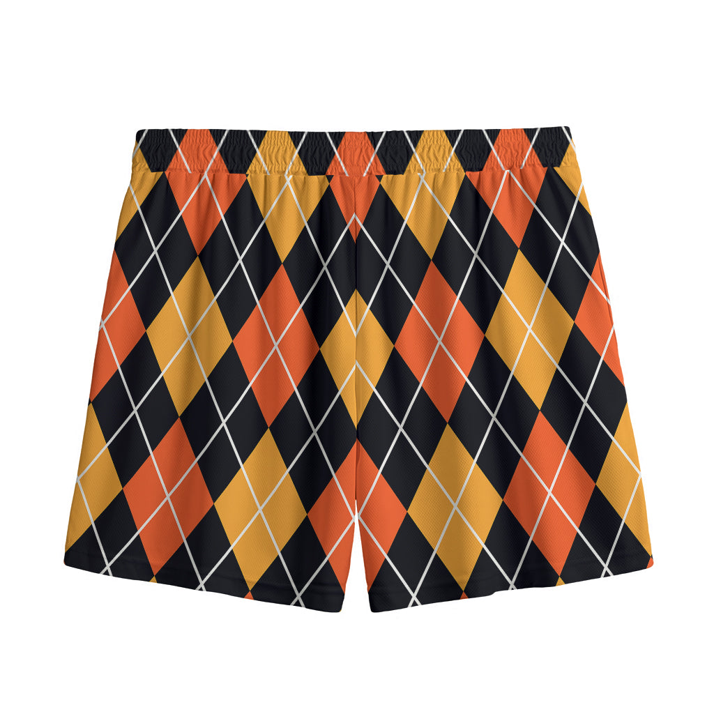 Halloween Black And Orange Argyle Print Mesh Shorts