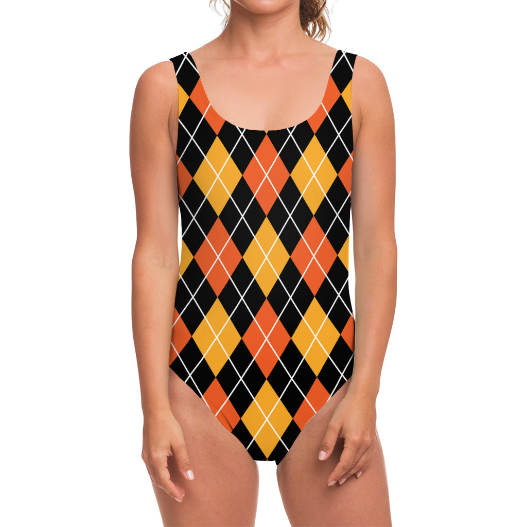 Halloween Black And Orange Argyle Print One Piece Swimsuit
