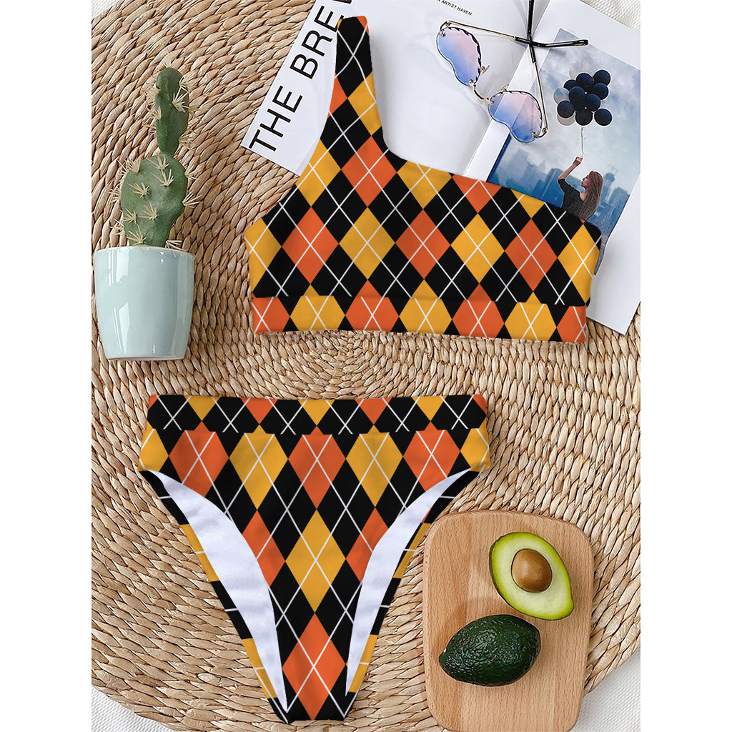Halloween Black And Orange Argyle Print One Shoulder Bikini Top