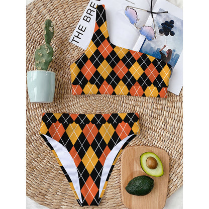 Halloween Black And Orange Argyle Print One Shoulder Bikini Top