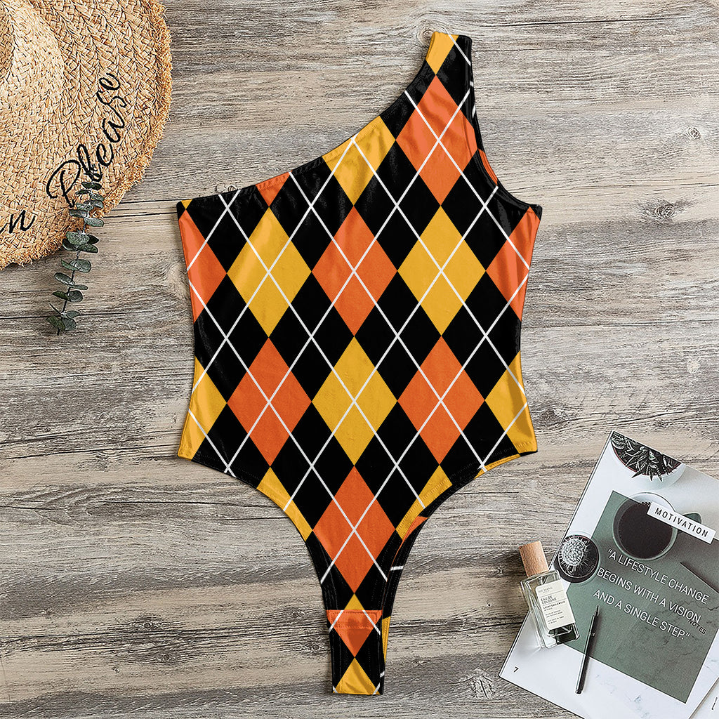 Halloween Black And Orange Argyle Print One Shoulder Bodysuit