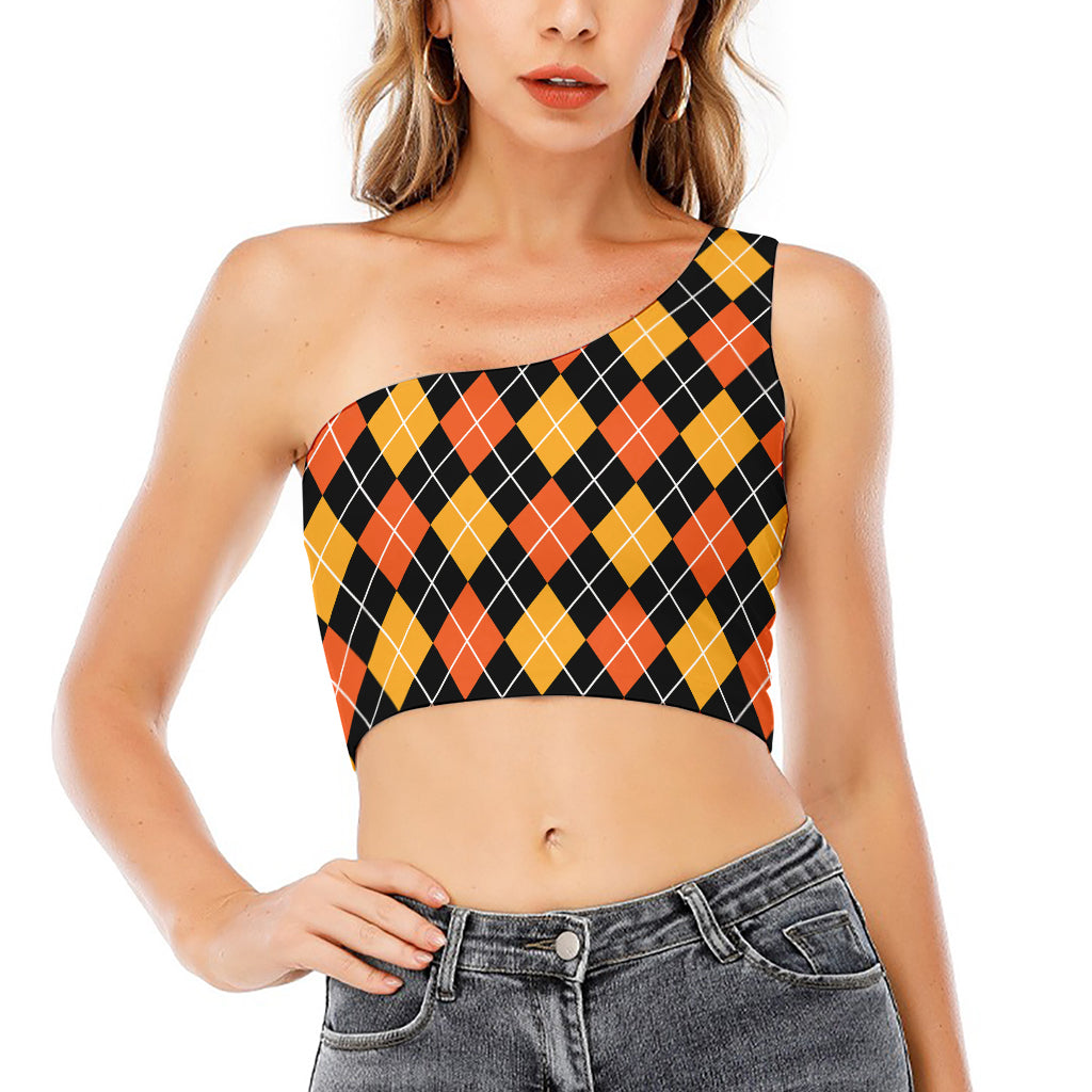 Halloween Black And Orange Argyle Print One Shoulder Crop Top