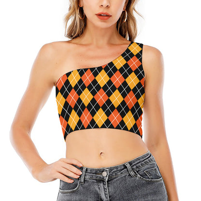 Halloween Black And Orange Argyle Print One Shoulder Crop Top