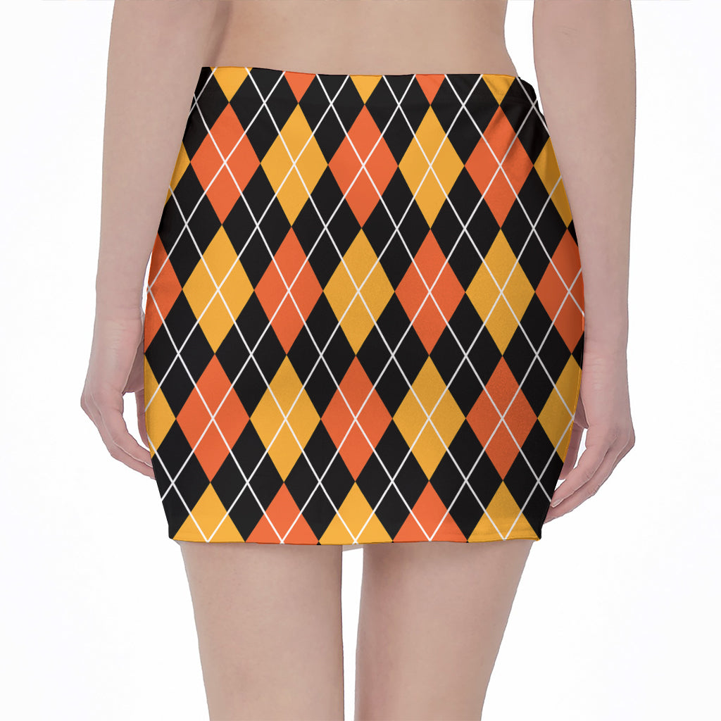 Halloween Black And Orange Argyle Print Pencil Mini Skirt