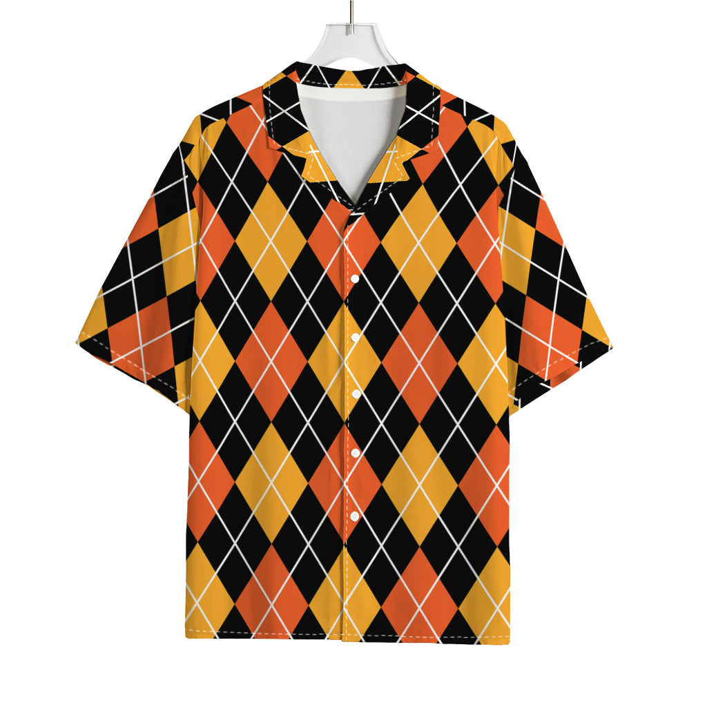 Halloween Black And Orange Argyle Print Rayon Hawaiian Shirt