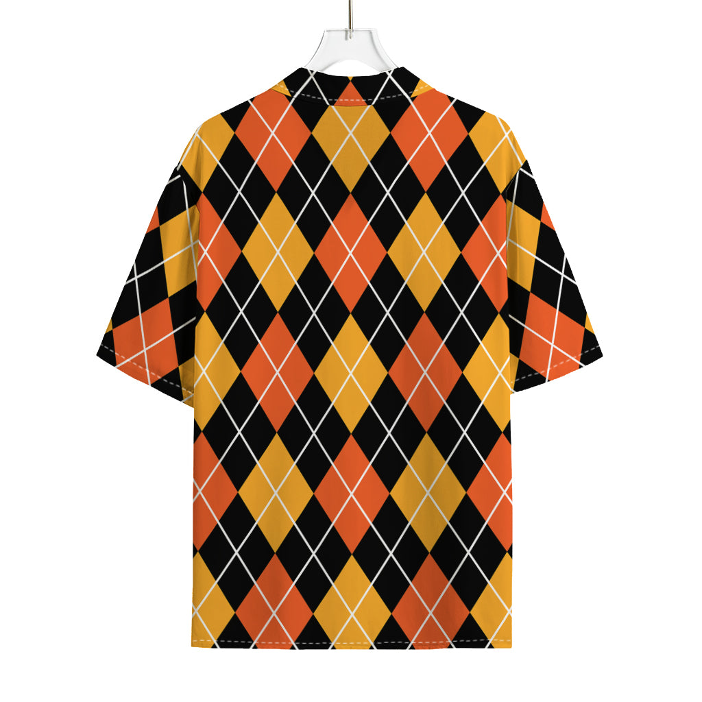 Halloween Black And Orange Argyle Print Rayon Hawaiian Shirt
