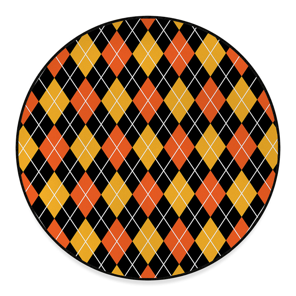 Halloween Black And Orange Argyle Print Round Floor Mat