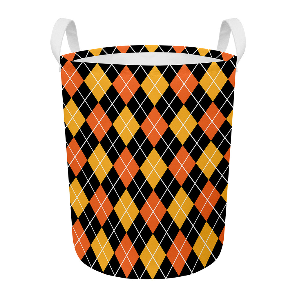 Halloween Black And Orange Argyle Print Round Laundry Basket
