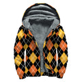 Halloween Black And Orange Argyle Print Sherpa Lined Zip Up Hoodie