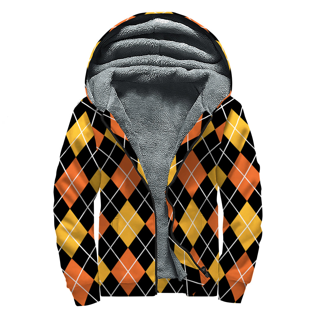 Halloween Black And Orange Argyle Print Sherpa Lined Zip Up Hoodie