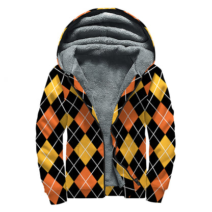 Halloween Black And Orange Argyle Print Sherpa Lined Zip Up Hoodie
