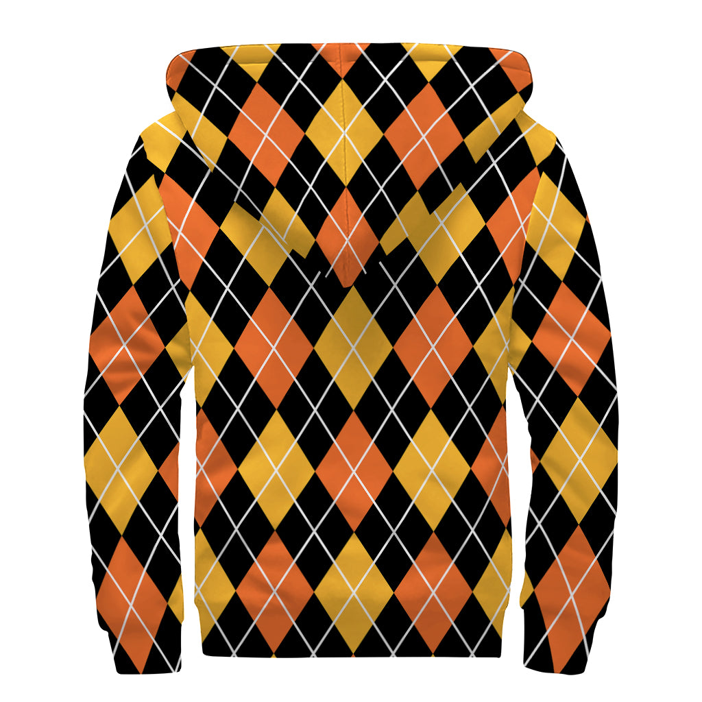 Halloween Black And Orange Argyle Print Sherpa Lined Zip Up Hoodie