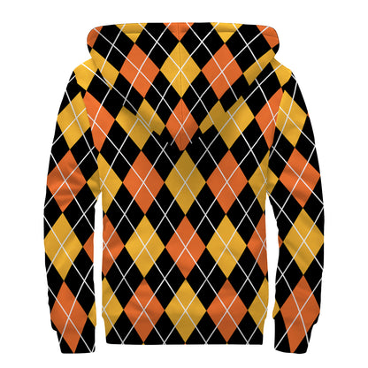 Halloween Black And Orange Argyle Print Sherpa Lined Zip Up Hoodie