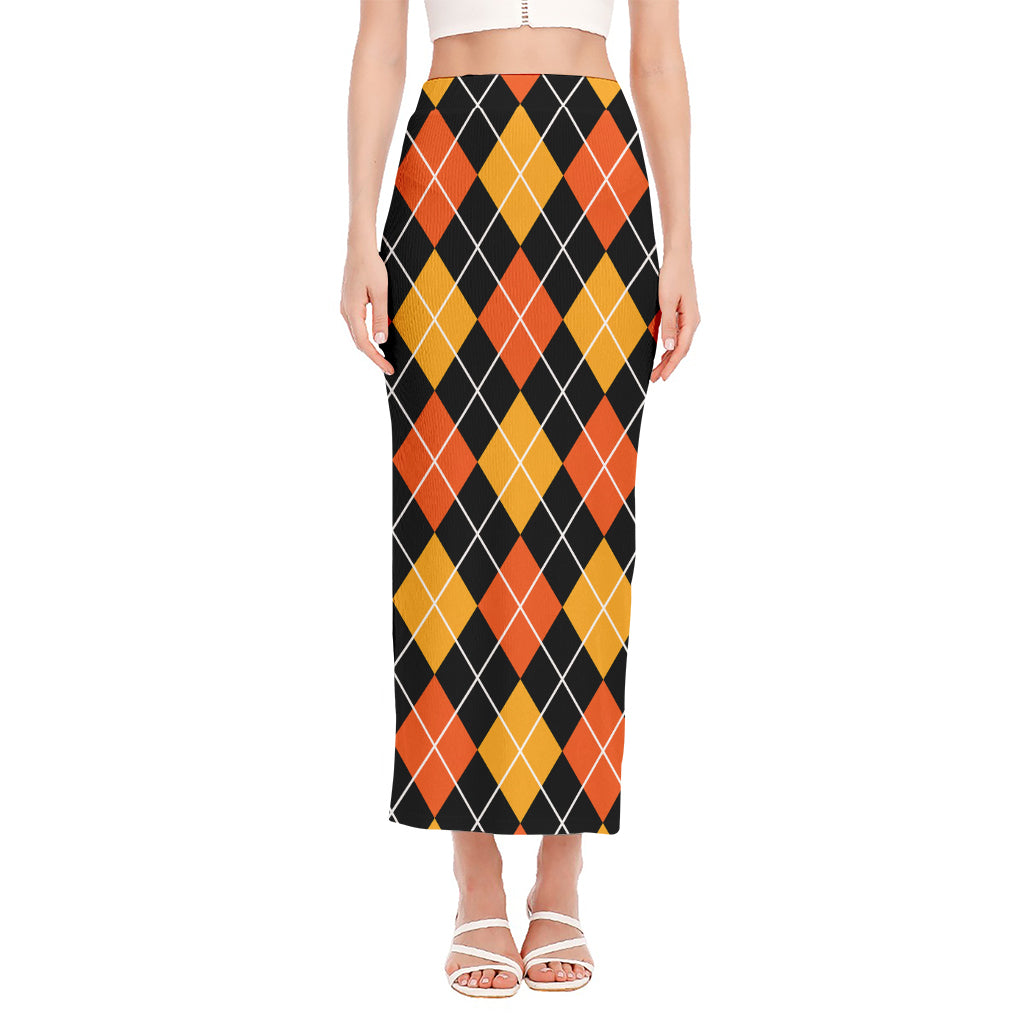 Halloween Black And Orange Argyle Print Side Slit Maxi Skirt