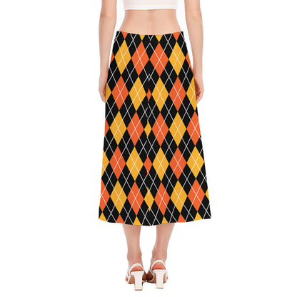 Halloween Black And Orange Argyle Print Side Slit Midi Skirt