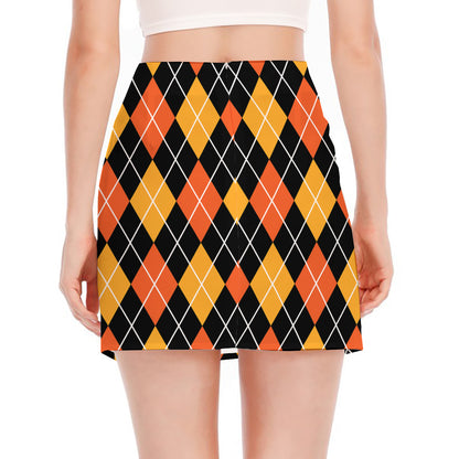 Halloween Black And Orange Argyle Print Side Slit Mini Skirt