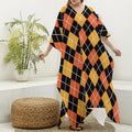 Halloween Black And Orange Argyle Print Silk V-Neck Kaftan Dress