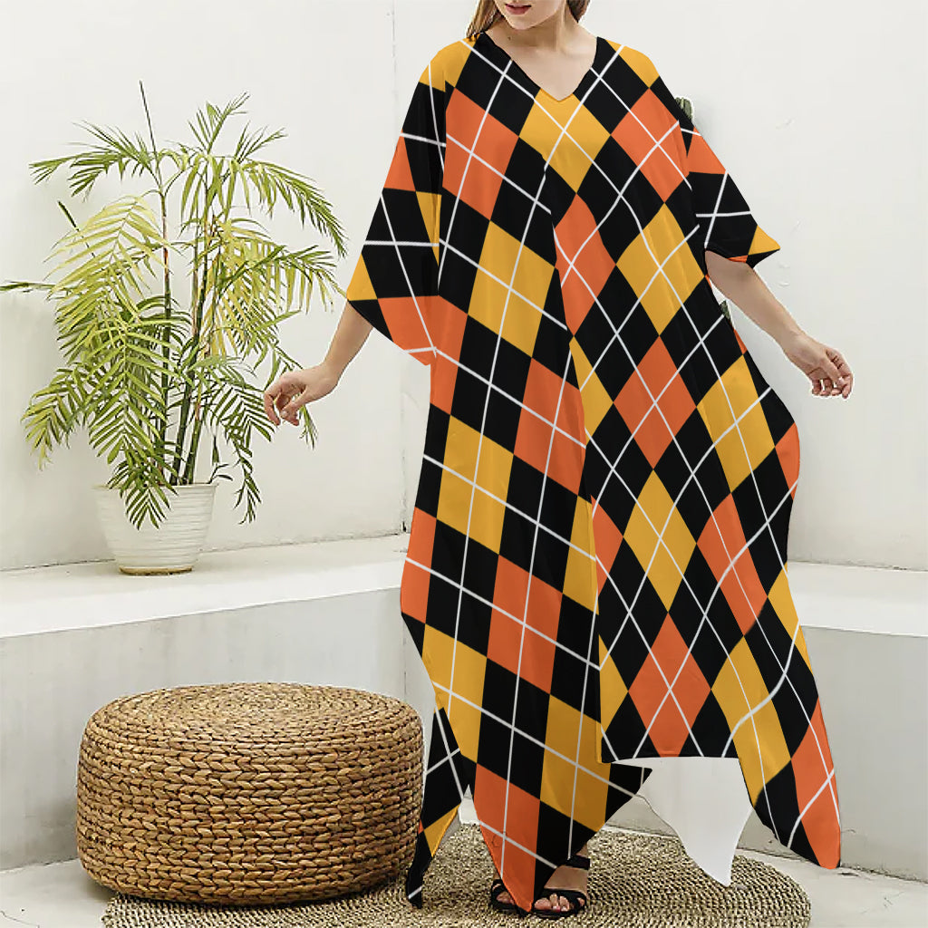 Halloween Black And Orange Argyle Print Silk V-Neck Kaftan Dress