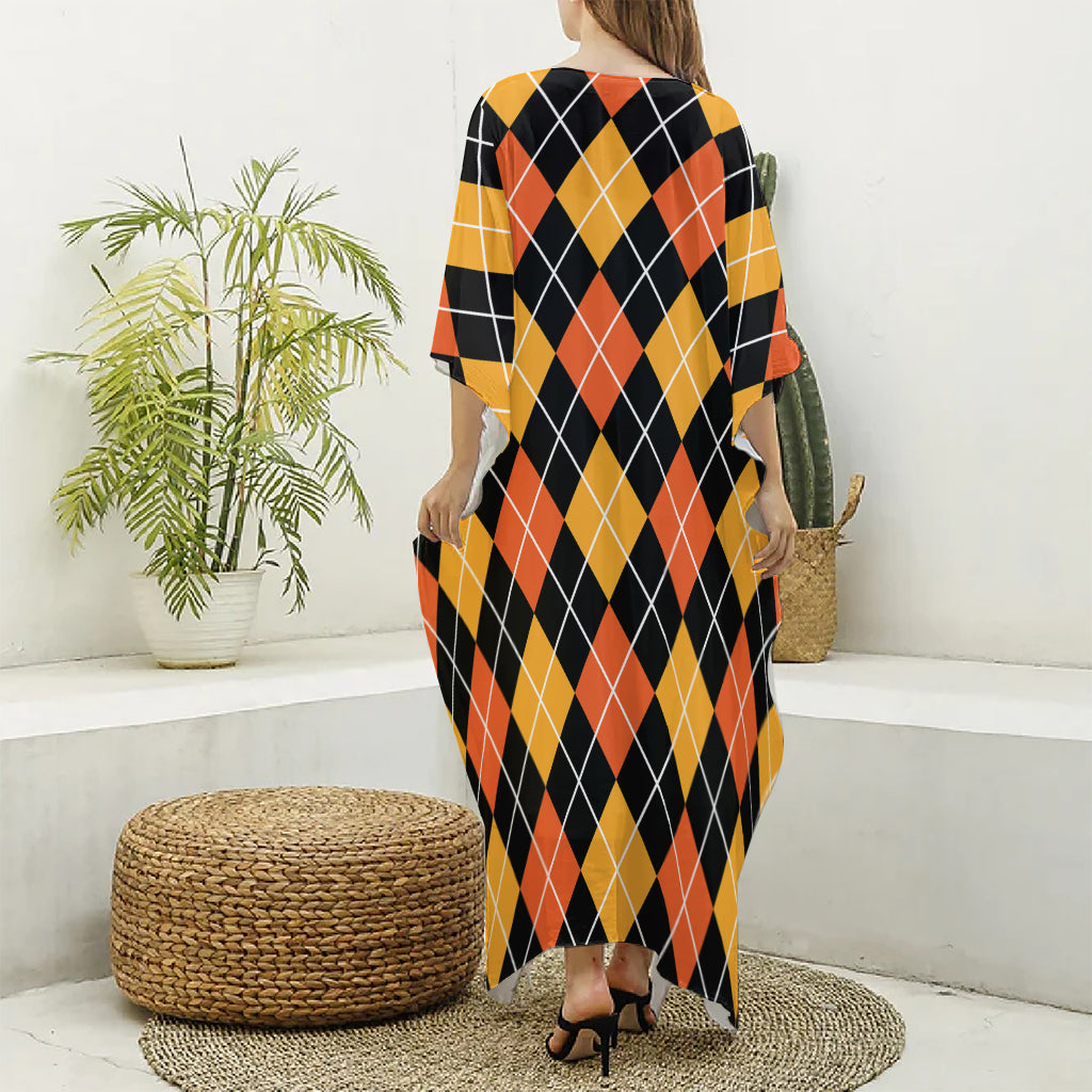 Halloween Black And Orange Argyle Print Silk V-Neck Kaftan Dress