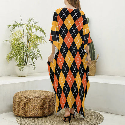Halloween Black And Orange Argyle Print Silk V-Neck Kaftan Dress