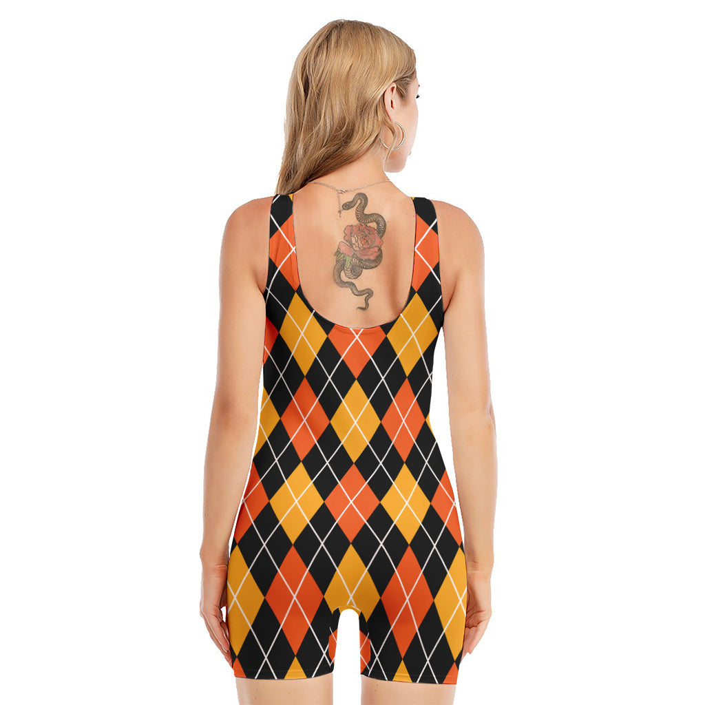 Halloween Black And Orange Argyle Print Sleeveless One Piece Swimsuit