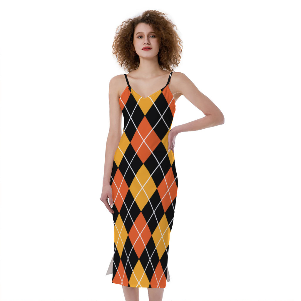 Halloween Black And Orange Argyle Print Slim Fit Midi Cami Dress