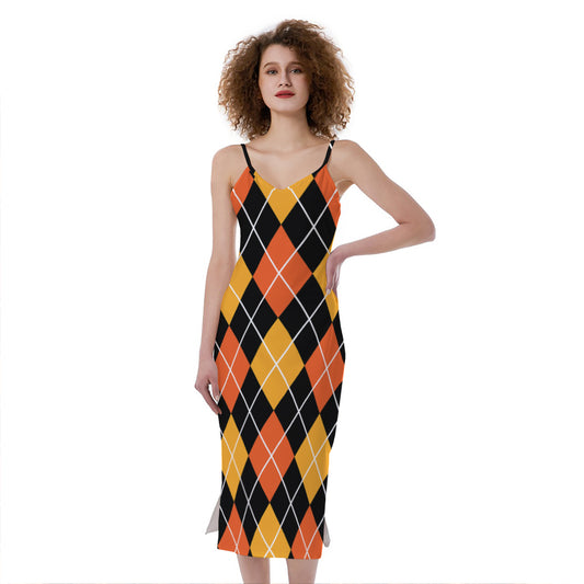 Halloween Black And Orange Argyle Print Slim Fit Midi Cami Dress
