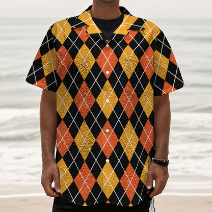 Halloween Black And Orange Argyle Print Textured Short Sleeve Shirt