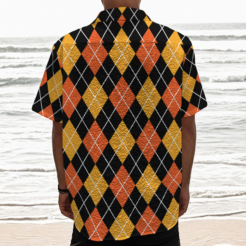 Halloween Black And Orange Argyle Print Textured Short Sleeve Shirt