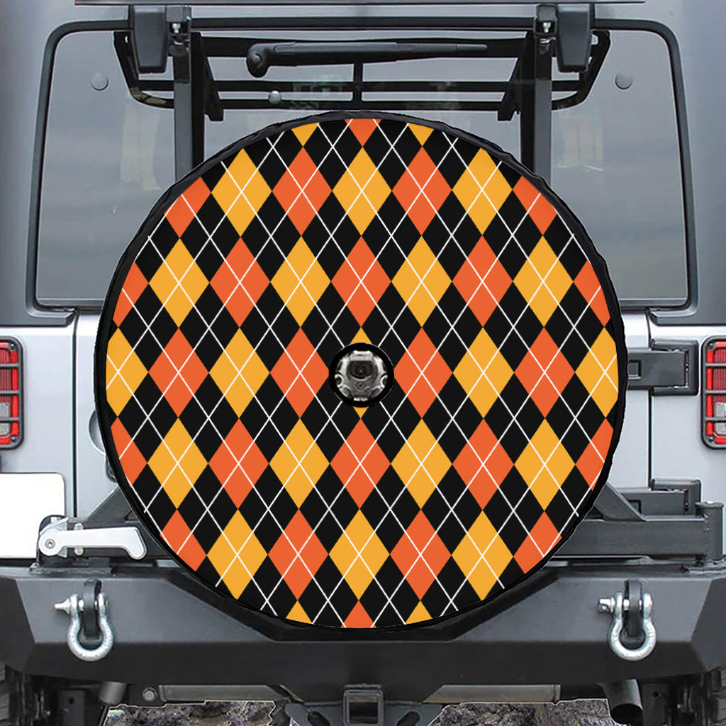 Halloween Black And Orange Argyle Print Tire Cover With Camera Hole